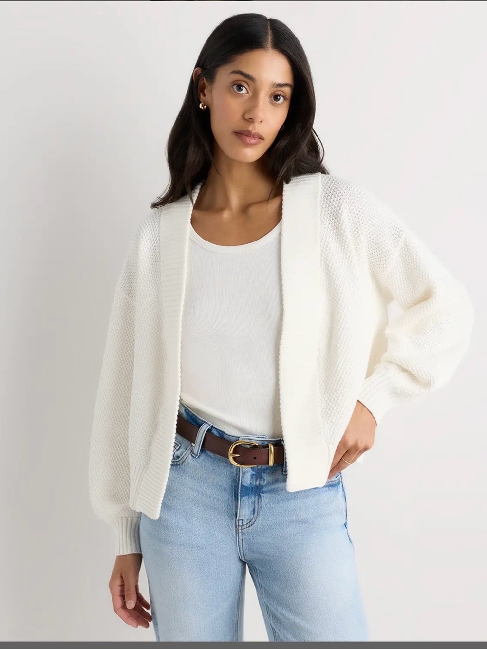 NWT Quince Ivory Waffle Stitch Open-Front Knit Cardigan 200% Organic Cotton S